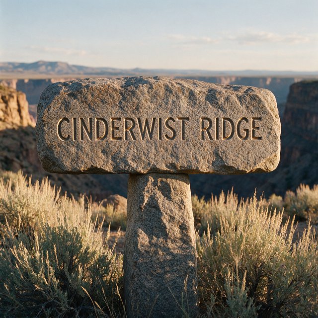 At a high desert canyon overlook, a weathered granite trail marker rises among sage and pale grasses; "CINDERWISP RIDGE" is deeply carved across its broad face, the cut letters catching slanting amber light. — Seedream 5.0 Pro
