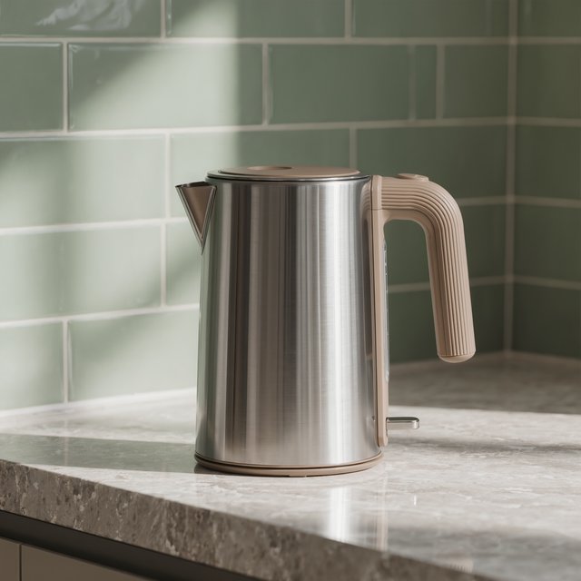 Morning daylight spills across a kitchen counter, revealing an unbranded electric kettle in satin stainless steel with a ribbed heat-resistant polymer handle. It sits on honed limestone against a muted sage backsplash, with window light and white bounce fill; commercial product image, no lettering. — Kling v3 Omni