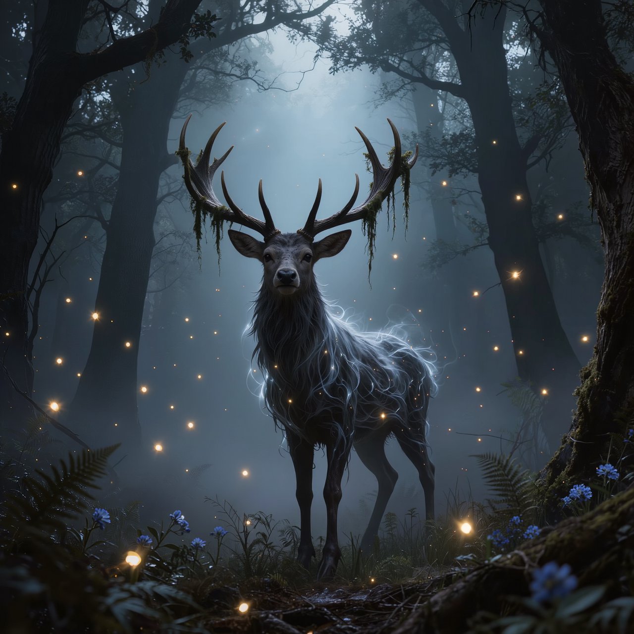 Low-angle wide shot, ancient overgrown oak forest at midnight: a colossal ghost stag looms, its semi-transparent form woven from swirling inky mist threaded with liquid silver moonlight. Polished obsidian antlers cut through shadow, jagged edges catching faint starlight, moss dangling from their points. Heavy hooves press into the loamy forest floor, wild bluebells and ferns curling black and crumbling to ash beneath each step. Hundreds of faint gold fireflies drift slowly through thick volumetric fog, their glows diffused in the haze. Deep indigo and charcoal color palette, somber quiet dread, atmospheric dark fantasy aesthetic, soft dappled moonlight filtering through a gnarled canopy, cinematic depth of field, sharp fine edges on the stag's antlers and decaying foliage. — Kling v3