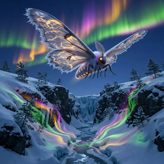 A cathedral-sized mothlike creature glides above a frozen ravine, its translucent wings veined with amber light and fringed with frost. Tiny mountain pines cling to the cliffs as aurora colors ripple across the snow. — Grok Imagine Image Quality