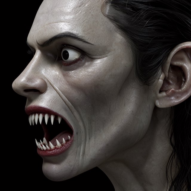 A creepy woman in side profile. Focus on the head with a slightly alien figure. Pale skin. No irises in the eyes. Mouth is open wide with very sharp, long razor teeth. Black background. Chiaroscuro effect. — FLUX 3 Image Klein