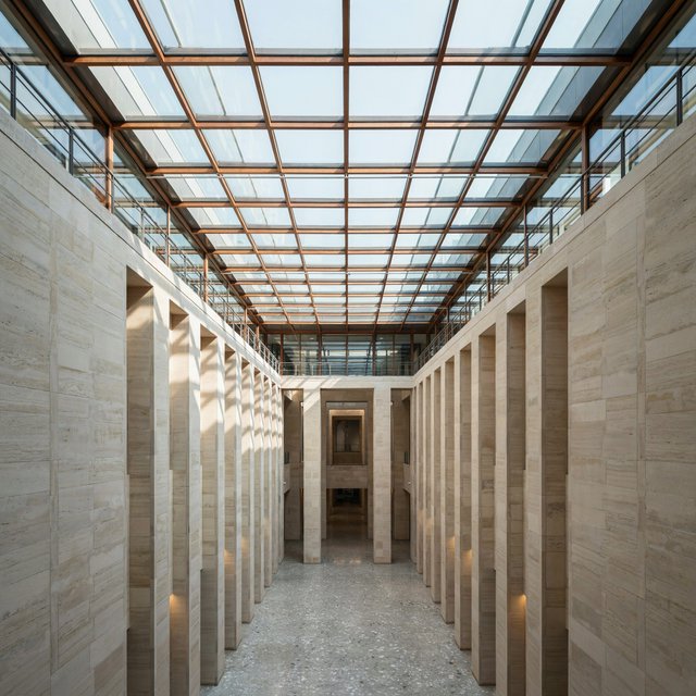 A soaring civic atrium in contemporary Italian Rationalist style pairs pale travertine, bronze mullions, and terrazzo beneath a glazed roof; cool morning light falls from above, viewed from a mezzanine, with aligned bays and credible supports. — Ideogram v4.5