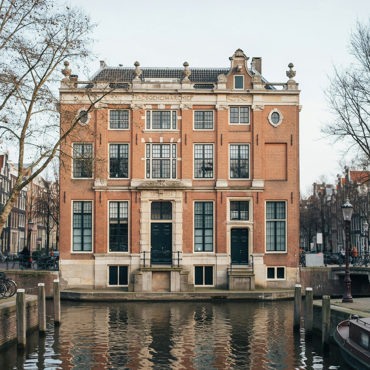 Exterior of a Dutch Renaissance canal-side archive, with warm red brick, pale stone bands, stepped gables, and tall sash windows; soft overcast light reveals the masonry, viewed from the opposite quay, with convincing structure and precise architectural lines. — Ideogram v4