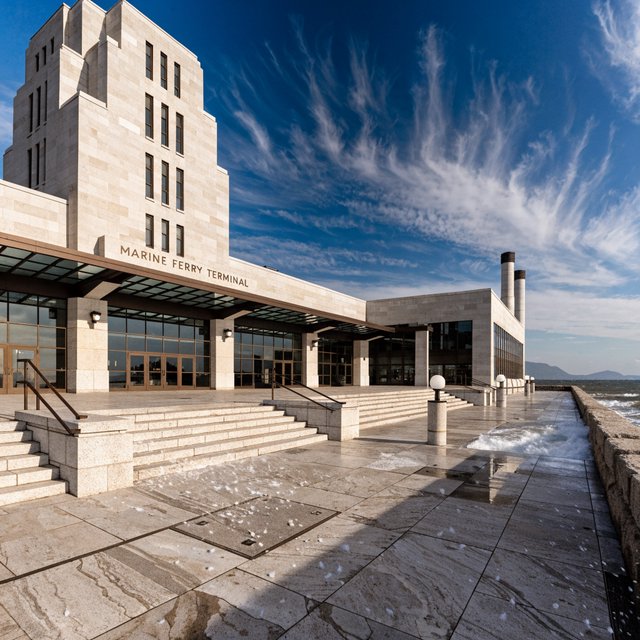 Exterior of a coastal Art Deco ferry terminal, cream limestone, dark bronze window frames, stepped geometric tower and sheltered arcade, late-morning sunlight casting sharp shadows, viewed from across a windswept stone forecourt, realistic architectural photography with precise lines and plausible structure. — Recraft v4