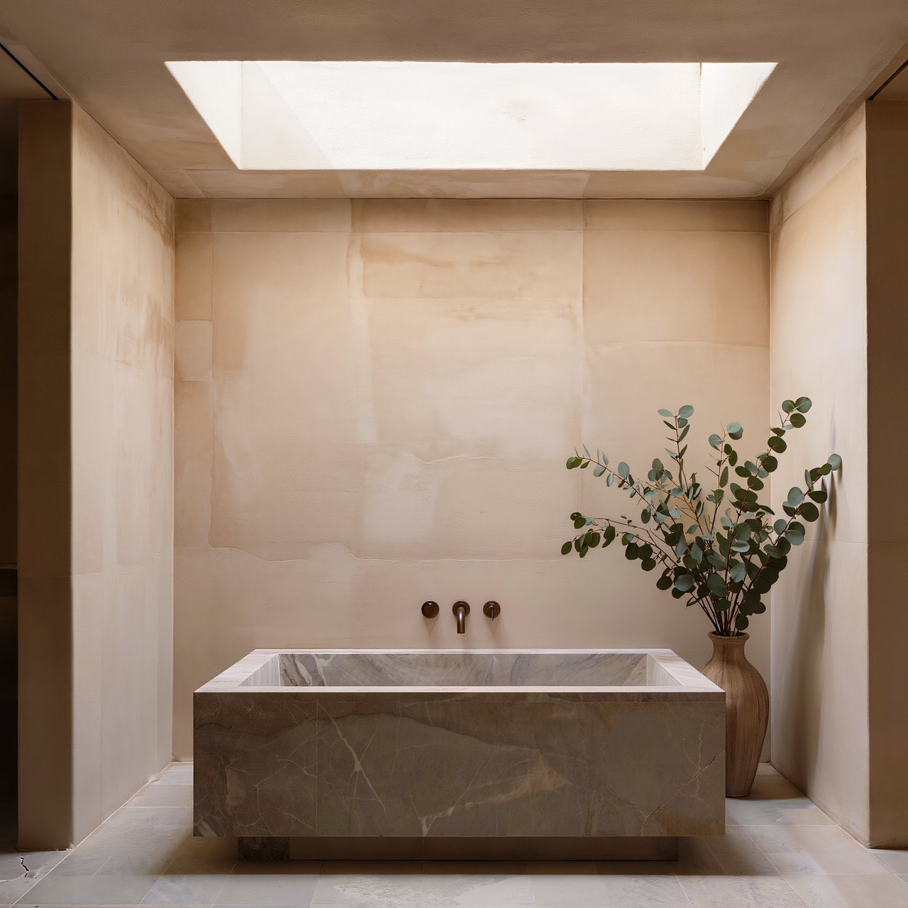 A spa bathroom with a stone tub, a skylight, plaster walls in warm white, eucalyptus in a vase, soft shadows. — Kling v3