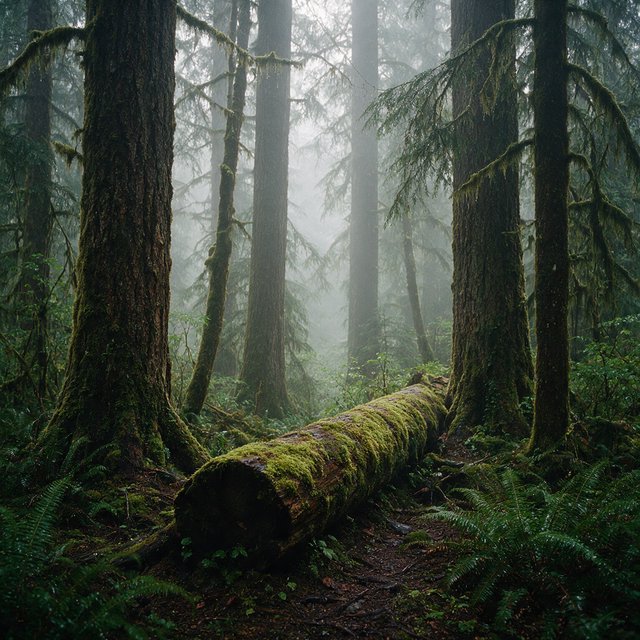Old-growth temperate rainforest after rain, moss-covered fallen log, fog between the trunks, soft diffused light. — Seedream 5.0 Pro
