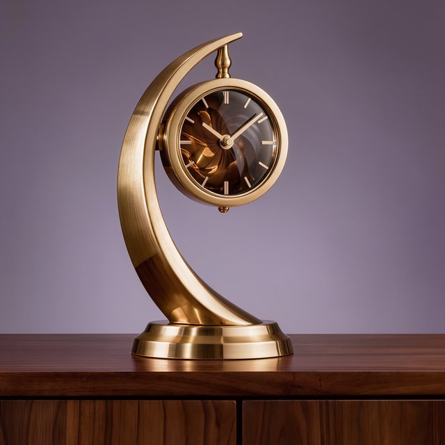 Commercial product photograph of an unbranded sculptural table clock made from satin brass and smoked glass, resting on a dark walnut surface against a muted lavender background, illuminated by a large diffused softbox from the upper left and a subtle rear rim light. — Kling v3
