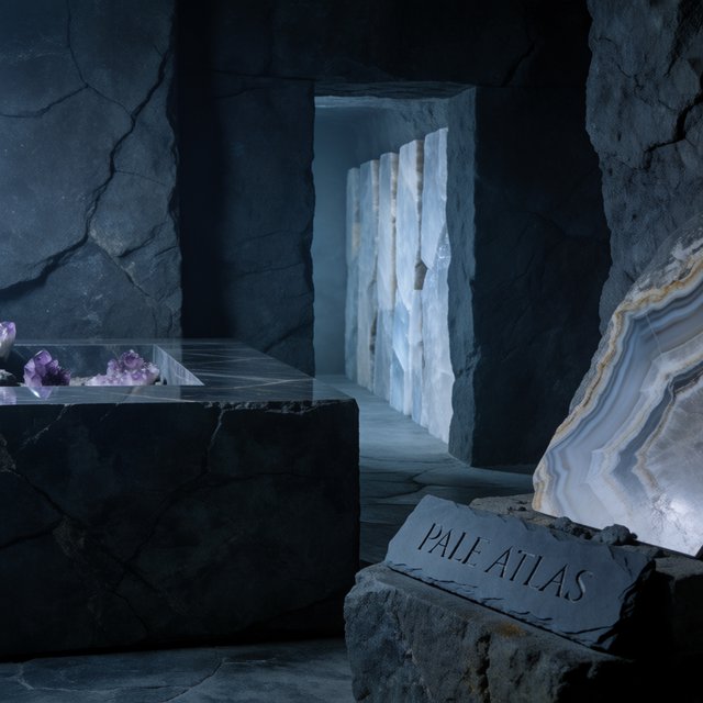 Within a quiet mineral gallery, amethyst clusters and polished geodes catch pools of light; "PALE ATLAS" is carved in clean capitals across a slate plaque beside the entrance. — Krea 2 Medium