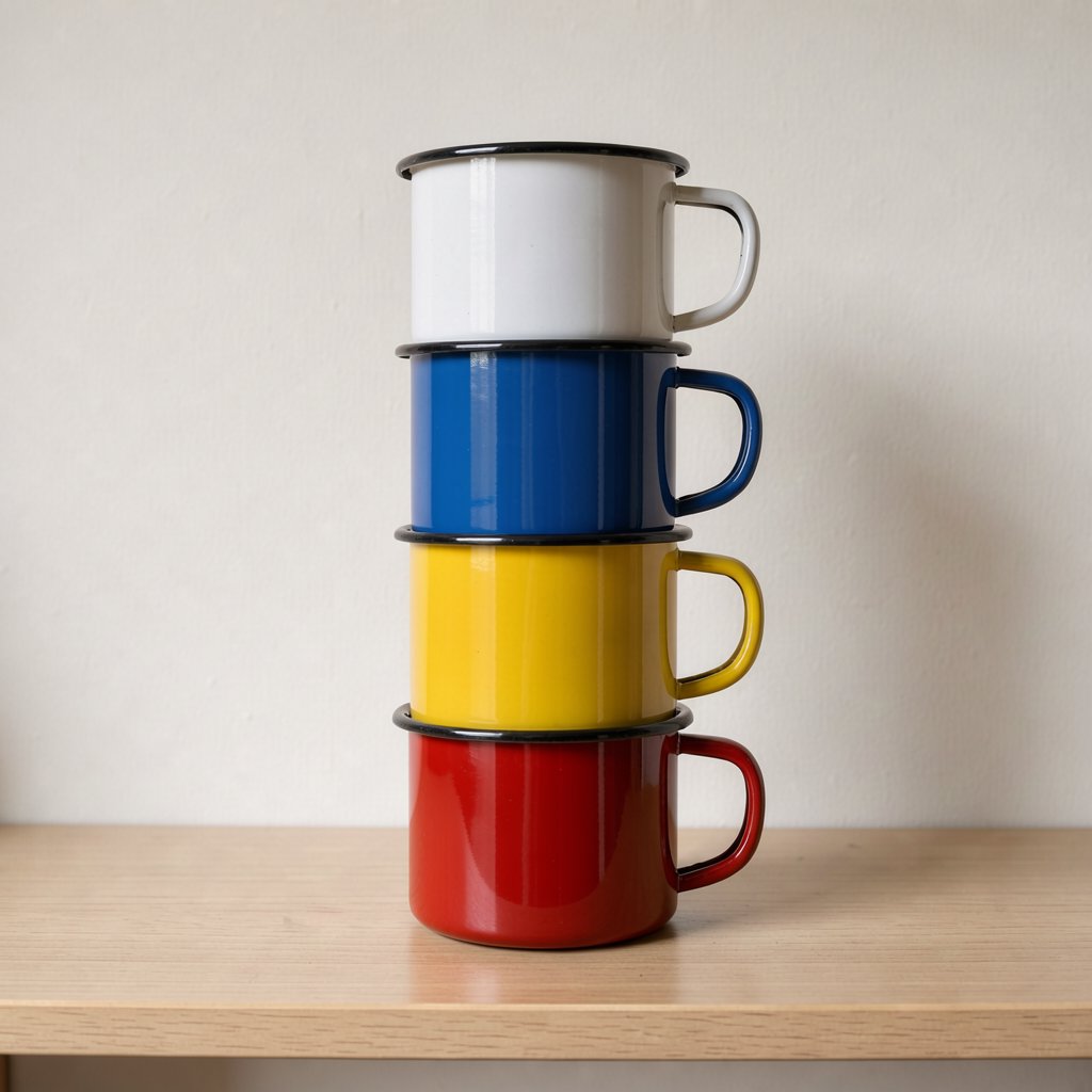 Exactly four enamel camping cups form a vertical tower on a pale wooden shelf, bottom to top: red, yellow, blue, white; all handles face right. Soft morning light, nothing else. — FLUX 3 Image