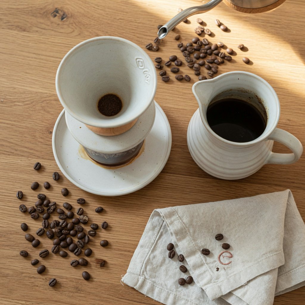 Overhead flat lay of a ceramic pour-over coffee set on oak, roasted beans scattered, a folded linen napkin, warm natural light. — Grok Imagine Image Quality