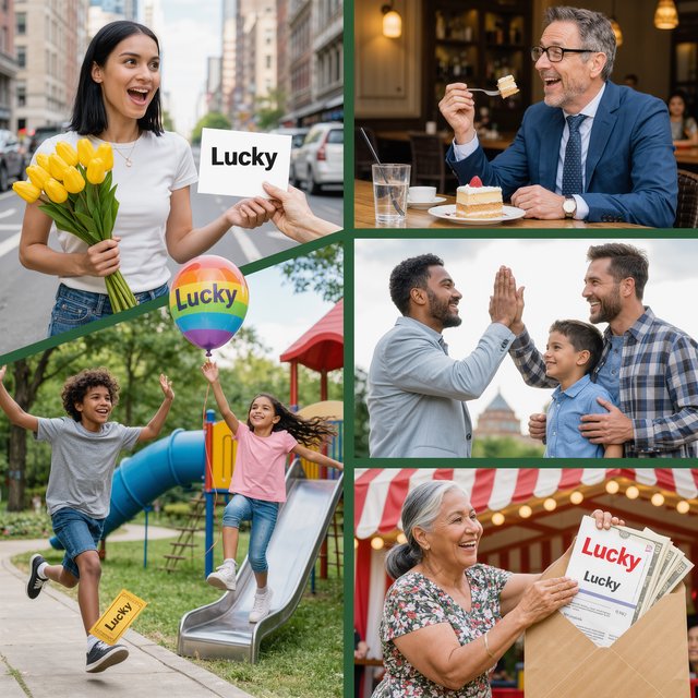 4–6 realistic scenes of people having the luckiest day of their lives. The word “Lucky” should appear at least twice in the image, and seem totally in place and seamless. The whole vibe is pretty much lucky moments that were unexpected but very welcome. — Kling v3 Omni