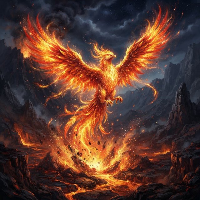 A majestic phoenix rising from a cascade of molten gold and shimmering embers against a backdrop of a dark, volcanic caldera. Its feathers are ablaze with brilliant oranges, reds, and fiery yellows. The air around it crackles with heat and energy. Style: Epic fantasy art with dynamic composition and vibrant color contrast — Nano Banana 2 Lite