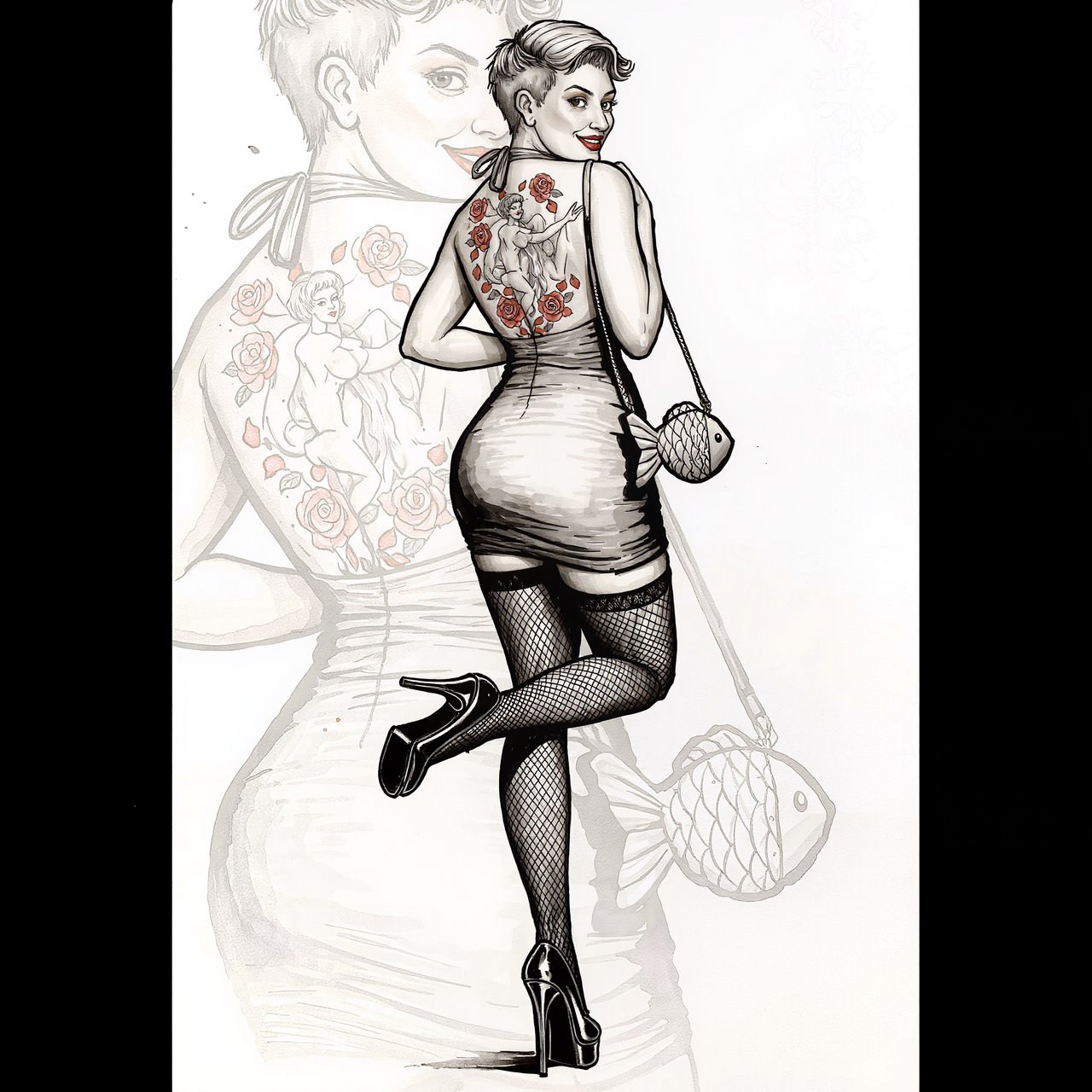 A realistic India ink illustration with crisp black lines depicting a realistic scene, anatomy, and proportions. The ink lines are colored with watercolors, while the black lines remain visible. Full-length composition. A 25-year-old woman named Mandy has a round face and short, trendy hair dyed grayish white. She wears a short, tight halter-top dress with a backless design, fishnet stockings, and high platform heels. She carries a tiny fish-shaped purse over one shoulder. She has smoky eyes and dark brown lipstick. Her entire back is covered with a huge tattoo of a dancing adult woman surrounded by a swirl of roses and rose petals. She poses for a picture in rear view, standing on one foot with the other foot raised and knee bent. She looks at us over one shoulder, making eye contact with the camera and smiling. — Kling v3