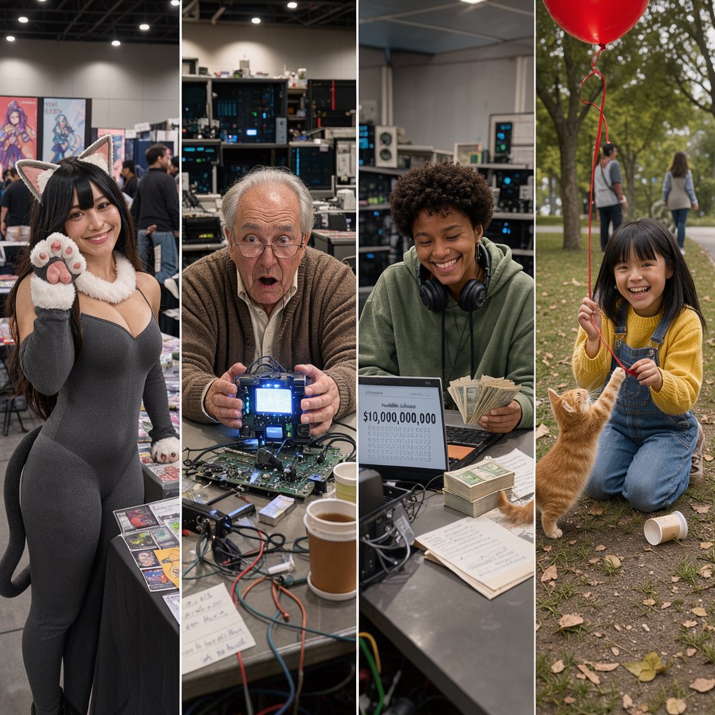 Realistic. Four scenes in one. 1) A pretty Japanese woman, about 19–23 years old, in cat-type cosplay at an anime convention. 2) An old German man or woman, about 60–65 years old, finally having a breakthrough that would change the world. 3) A happy, mixed-race, 21-year-old female or male hacker checking their bank account, which has many zeros, with a bundle of cash near their PC. 4) A happy moment that would make you smile. — FLUX 3 Image Klein