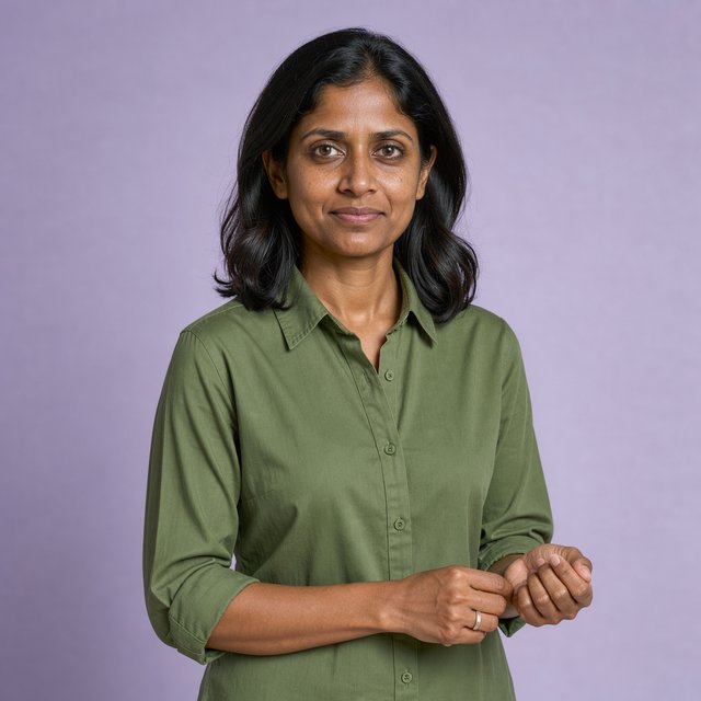 Portrait photograph of an adult woman in her late 30s wearing a moss-green cotton poplin shirt, fingers lightly turning its rolled cuff. Her calm, observant expression faces the camera against a chalky lavender backdrop, lit by soft diffused skylight. — FLUX 3 Image