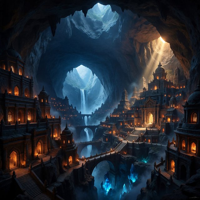 An ancient city carved inside a hollow mountain glows with windowlight, its terraced bridges spanning a blue-lit cavern while mineral mist rises around distant waterfalls and a narrow beam of sunrise reaches the deepest plaza. — ImagineArt 1.5 Pro