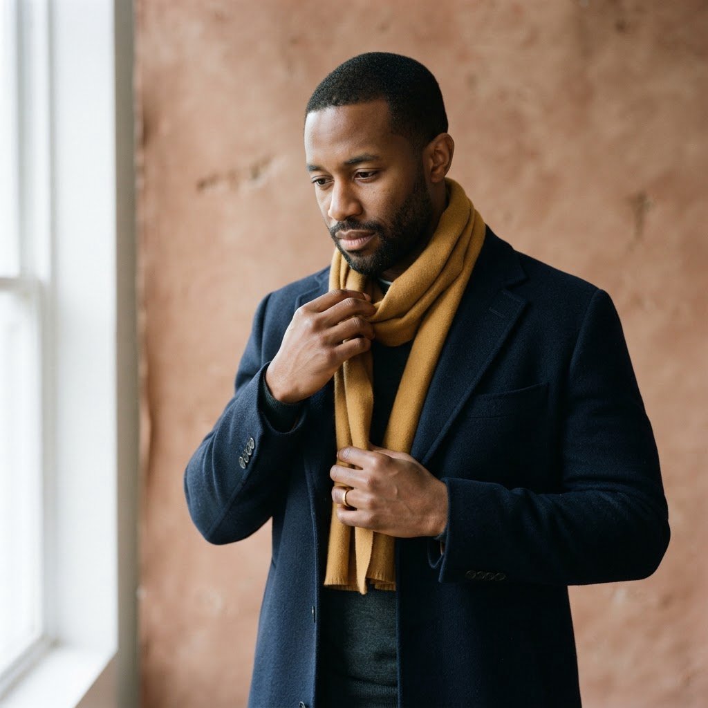 Editorial portrait of an adult Black man in his 30s wearing a deep navy wool overcoat and mustard scarf, fingers adjusting the scarf, thoughtful expression, muted terracotta studio backdrop, crisp cool window light. — Nano Banana 2 Lite