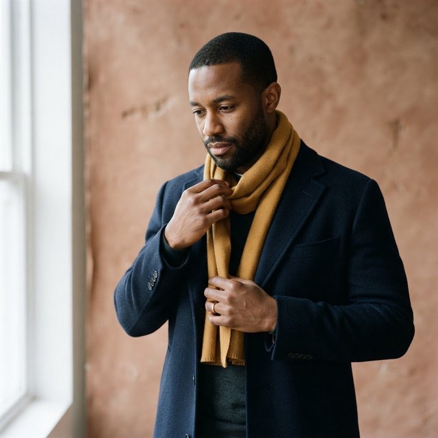 Editorial portrait of an adult Black man in his 30s wearing a deep navy wool overcoat and mustard scarf, fingers adjusting the scarf, thoughtful expression, muted terracotta studio backdrop, crisp cool window light. — Nano Banana 2 Lite