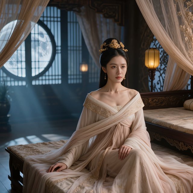 A beautiful adult Chinese woman in her 20s wearing an elegant, subtly sensual Song Dynasty–inspired hanfu with a loose off-shoulder neckline, gracefully exposing her shoulders and collarbones. She sits on an ornate wooden bed inside a refined ancient Chinese bedroom at night, surrounded by gauze curtains, carved screens and softly glowing lanterns. Moonlight filters through the lattice window, creating a romantic, intimate atmosphere. Luxurious silk fabrics, delicate hair ornaments, natural feminine pose, cinematic lighting, historically inspired details, tasteful and sophisticated. — Kling v3