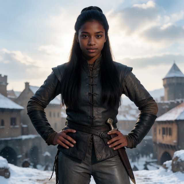 An eighteen-year-old woman. She has long straight black hair tied up, brown eyes, and dark skin. She is wearing a dark leather tunic, grey leather pants, and leather boots. She has a sheathed dagger on her hip, standing with her hands on her hips and looking at the viewer. She is standing in a snowy medieval city. — Model 12