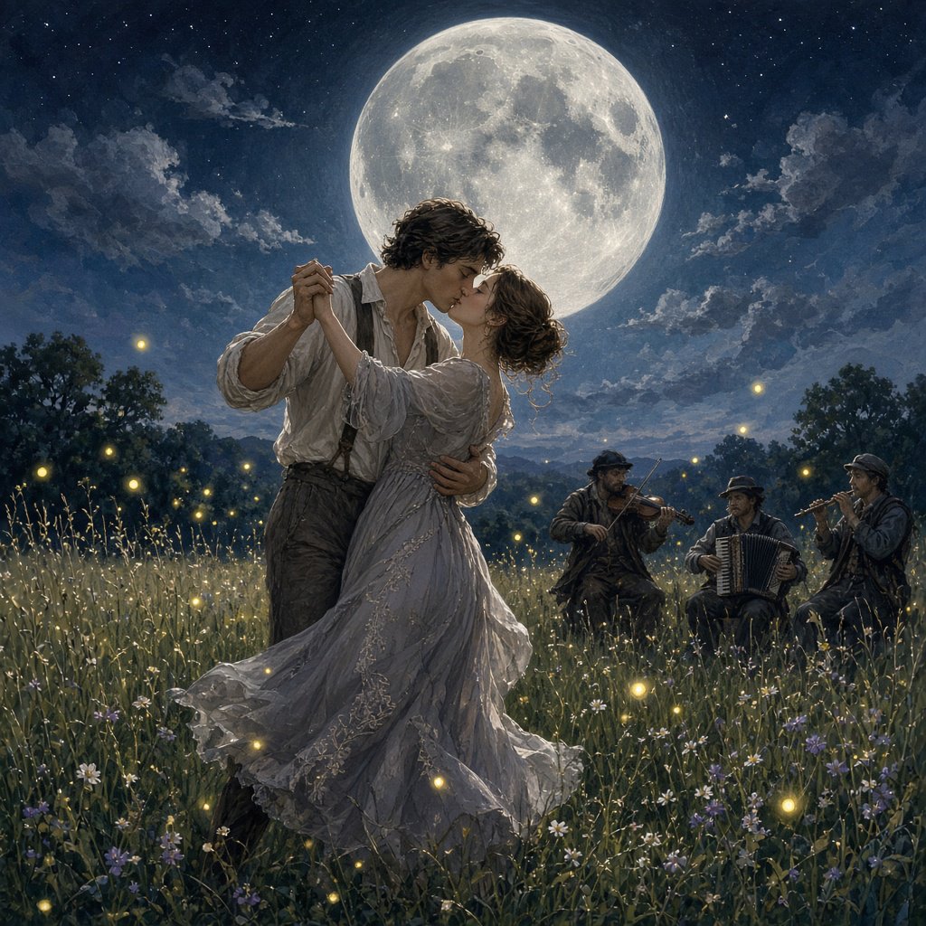 An illustration of a young adult European couple sharing a kiss while dancing in a moonlit meadow, with tall grass, fireflies, musicians playing music, and a huge silver moon overhead. — Grok Imagine Image 2