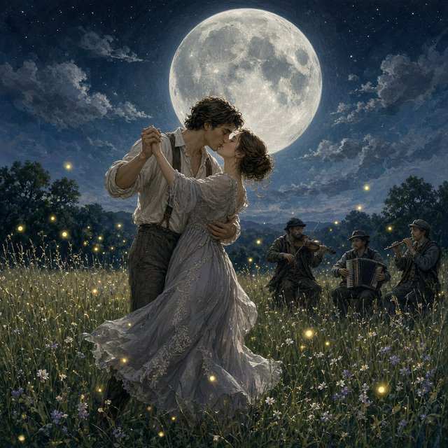 An illustration of a young adult European couple sharing a kiss while dancing in a moonlit meadow, with tall grass, fireflies, musicians playing music, and a huge silver moon overhead. — Grok Imagine Image 2