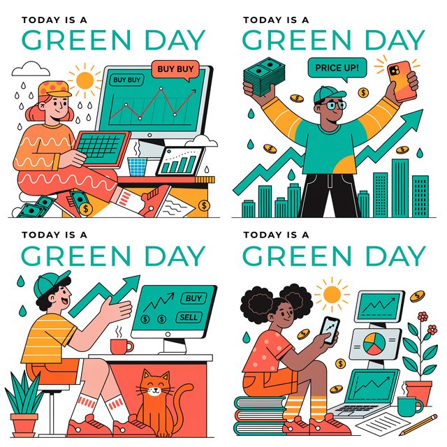 People making successful trades. A totally green day. Making a lot of money (life-changing money). At least 4 scenes. — Recraft v4 Pro