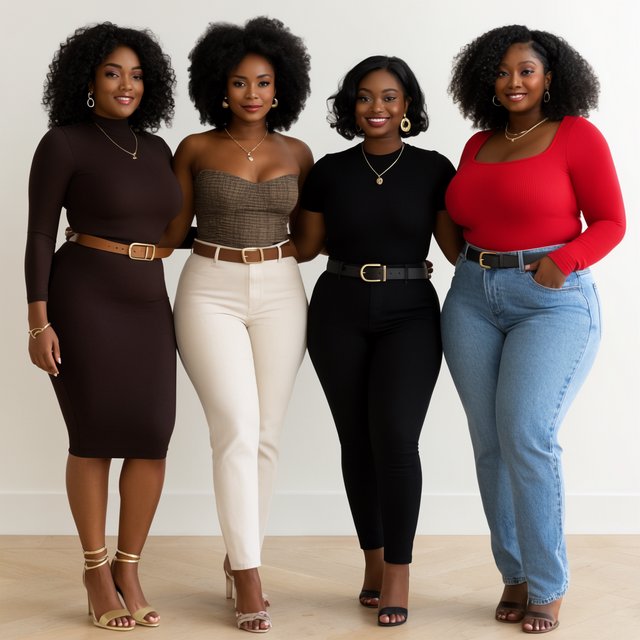 Realistic image of four women standing near each other. All are wearing fitted outfits. All are slim but still curvy Black women. Each woman has a unique, pretty face, and they all look different from one another. Full-body image. Plain background. — Model 9