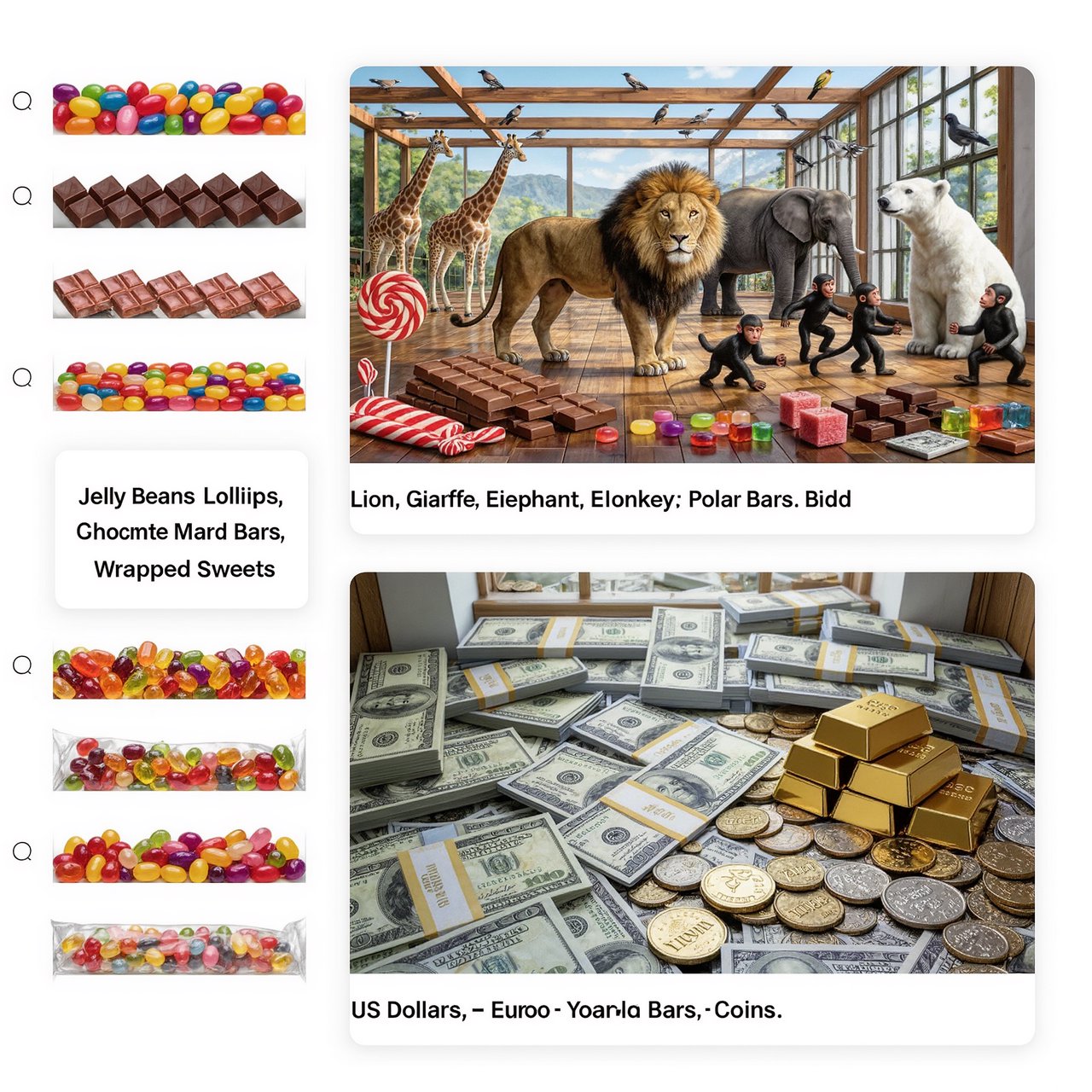 Realistic. Three scenes in one. 1) A room filled with many types of candy. 2) A room filled with many kinds of animals. 3) A room filled with all kinds of money. Above each room, a list names what is inside. — Kling v3 Omni