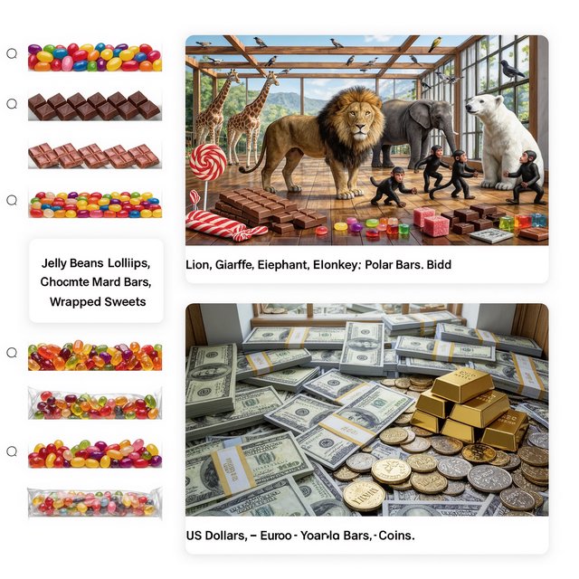 Realistic. Three scenes in one. 1) A room filled with many types of candy. 2) A room filled with many kinds of animals. 3) A room filled with all kinds of money. Above each room, a list names what is inside. — Kling v3 Omni