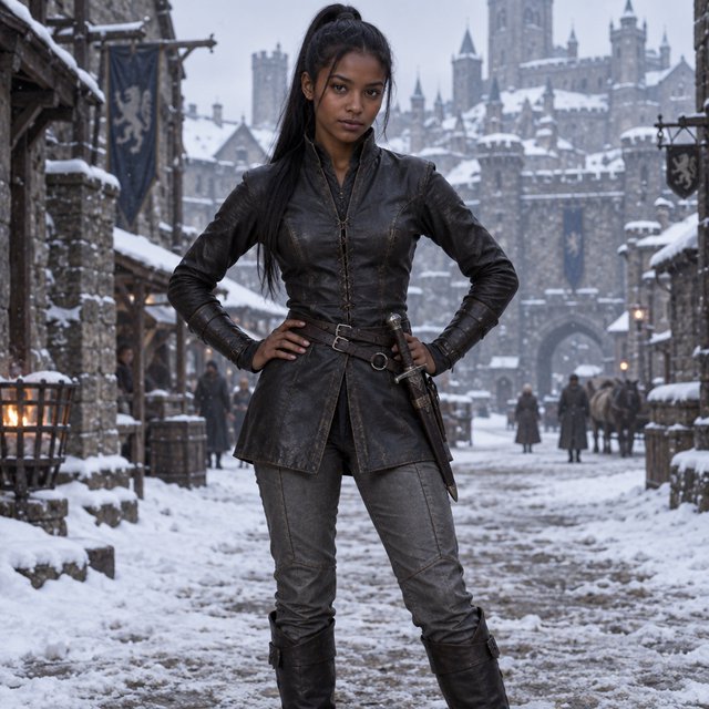 An eighteen-year-old woman. She has long straight black hair tied up, brown eyes, and dark skin. She is wearing a dark leather tunic, grey leather pants, and leather boots. She has a sheathed dagger on her hip, standing with her hands on her hips and looking at the viewer. She is standing in a snowy medieval city. — Model 3