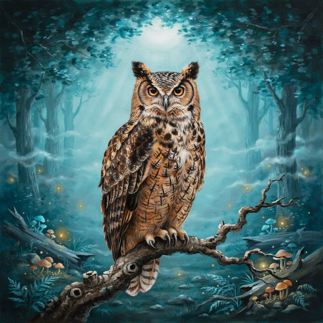 A majestic owl with ancient, knowing eyes perched on a gnarled branch within an ethereal forest. Moonlight filters through the dense canopy, illuminating swirling mists and glowing flora. The scene evokes a sense of deep mystery and ancient magic. Rendered in the style of magical realism with rich oil painting textures. — Ideogram v4.5