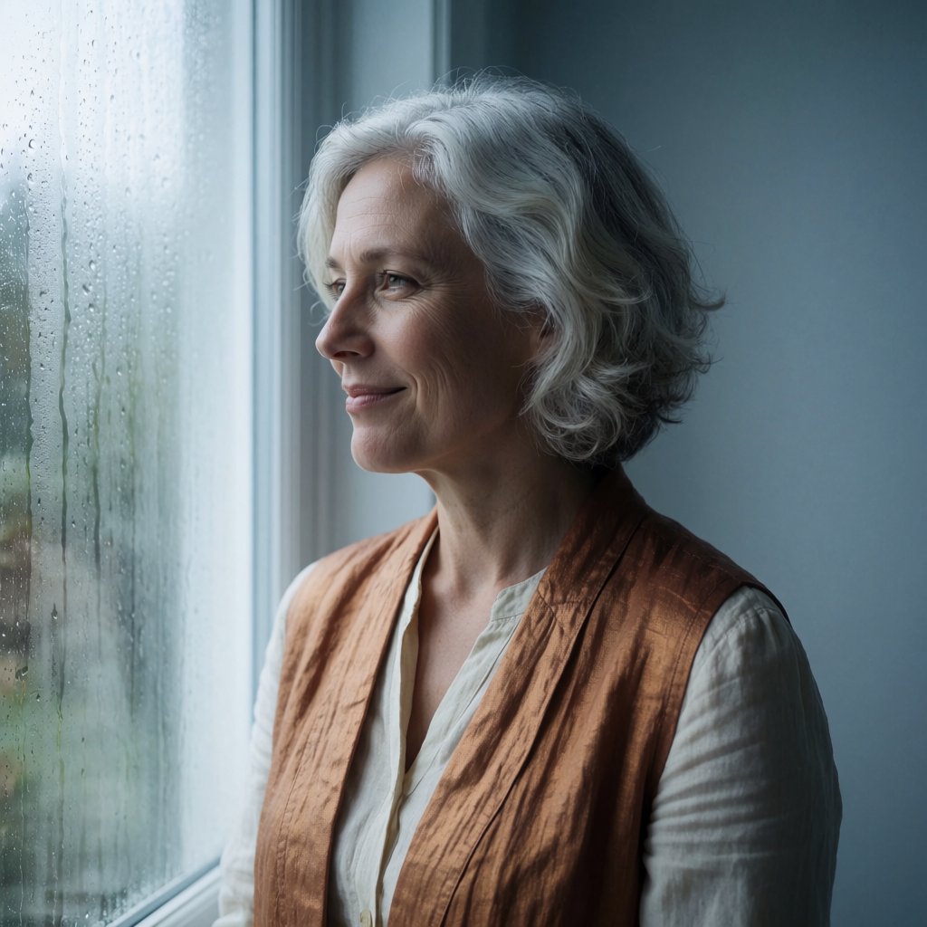 By a rain-streaked studio window, an adult woman in her early 60s turns in profile for a portrait photograph, wearing a copper-colored linen jacket over a cream cotton blouse. Her quietly amused expression rests against a muted blue-gray wall, shaped by cool, soft window light. — Krea 2 Medium