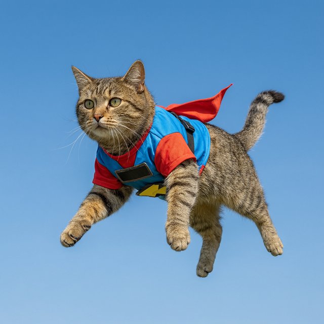 A cat flying in the sky wearing a super kitty costume. — Qwen Image 3.0 Pro