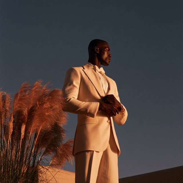 Under the copper glow of a rooftop terrace, an adult Black man in a tailored cream dinner suit is caught smoothing his lapel as evening breeze stirs nearby grasses; calm poise, sculpted shadows and refined fashion-magazine polish. — Midjourney V8.2