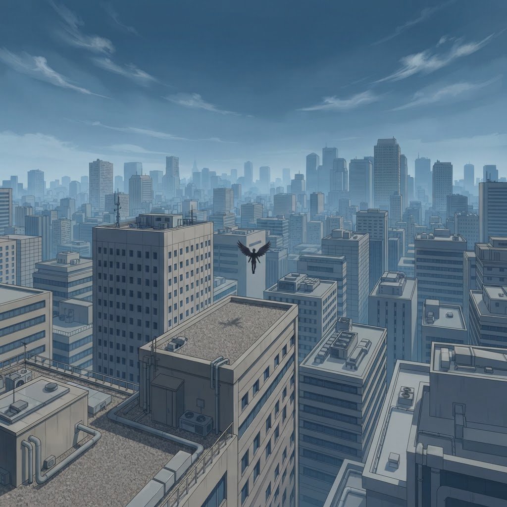 Clean cel-shaded painted cityscape, wide high-angle elevated rooftop level shot looking out over dense modern downtown office buildings, small dark winged figure hovering above central midground rooftops, pale overcast deep blue sky with wispy white clouds, diffused even daylight lighting with soft subtle ambient shadows, muted cool grey, beige, blue building facades with uniform office windows, flat concrete building rooftops, receding hazy distant city skyline with atmospheric perspective, eye level relative to building tops, no outlines, smooth flat color rendering, no grain. — Nano Banana 2 Lite