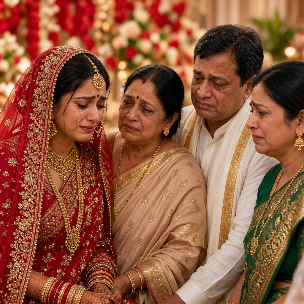 A realistic scene of an Indian wedding showing the emotions of the adult bride and her adult family members — Grok Imagine Image 2