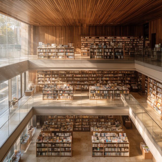 Interior of a modern public library with a three-storey atrium, timber ceiling slats, people reading, afternoon light through a glass wall. — Krea 2 Large