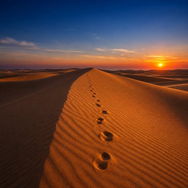 Sand dunes at sunset with wind-blown ridges, one set of footprints, deep blue sky fading to orange. — GPT Image 2