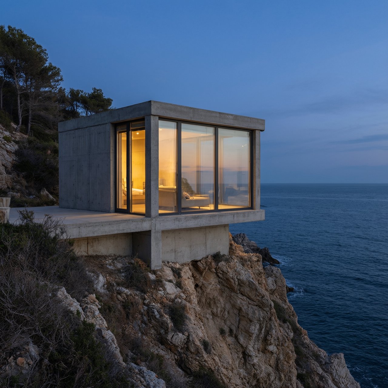 Exterior of a small concrete-and-glass house on a cliff above the sea, dusk, interior lights on, architectural photography. — Qwen Image 3.0 Pro