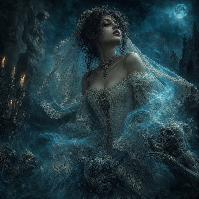 Baroque-style digital dark fantasy and cinematic Gothic horror; painterly realism, chiaroscuro à la Caravaggio; cool color palette of blues and turquoises, deep black shadows; swirling magical smoke, dynamic diagonal composition; intricate lace fabrics, detailed skin and creature textures; volumetric lighting, elegant, fluid movement; fantasy book cover illustration; dramatic storytelling, atmospheric depth. Gothic bride — GPT Image 2