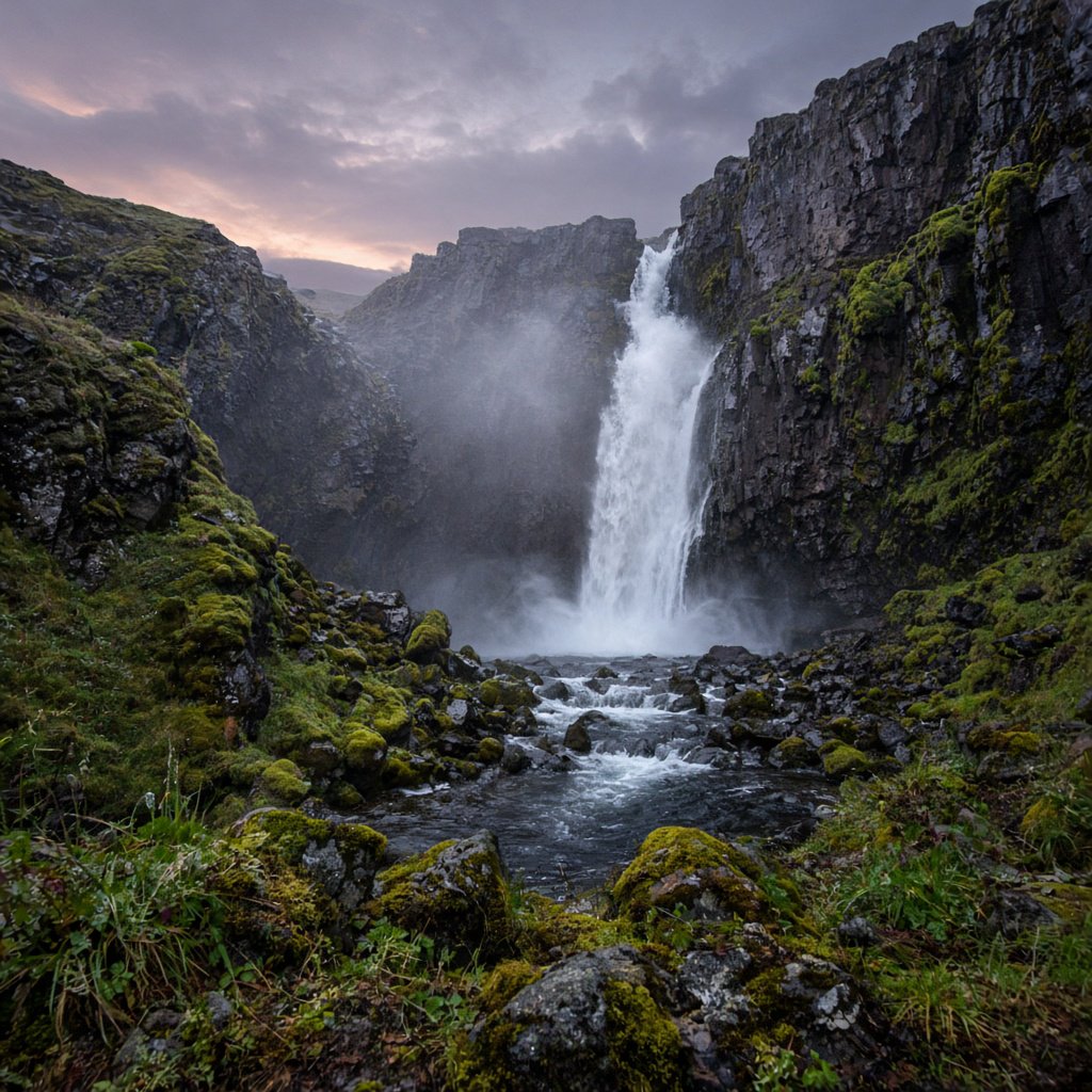 After a passing squall, a waterfall drops through a narrow basalt gorge at dusk, its white plume breaking against dark ledges; rain-beaded moss and sharp foreground stones lead toward cliffs fading behind drifting spray. — Grok Imagine Image 2