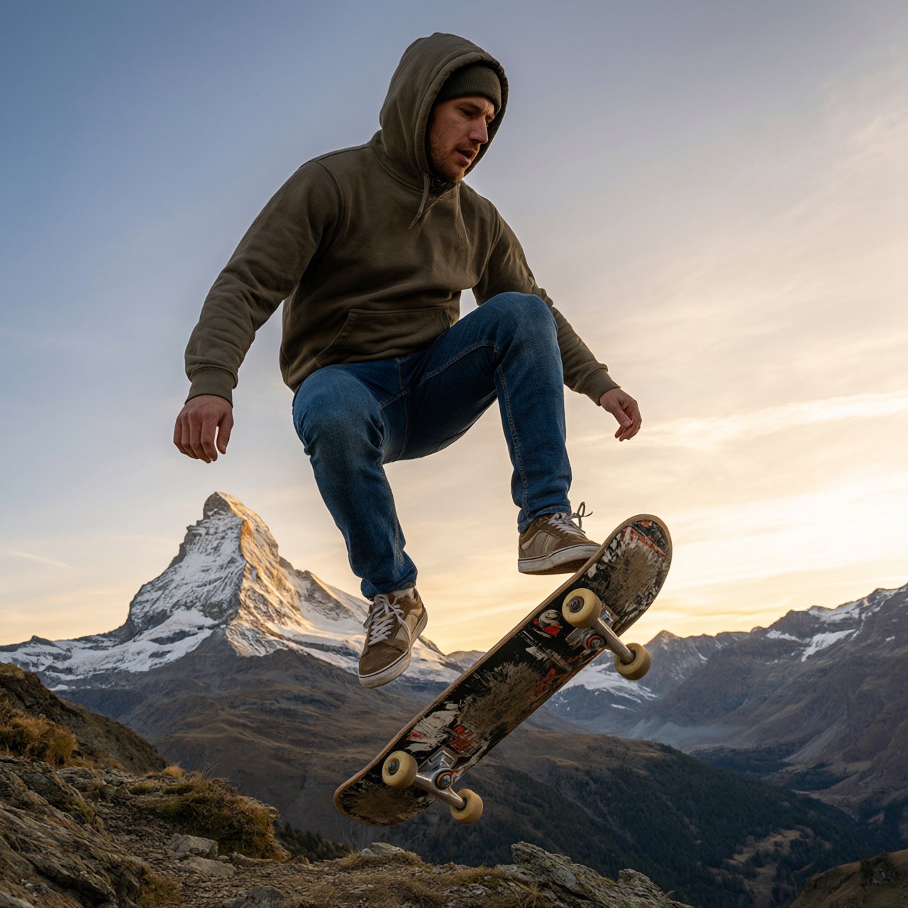 A man wearing a hoodie, jeans, and sneakers rides a skateboard that has taken off the ground. A low angle shows the man on the skateboard up in the air at high speed, with a snow-capped peak in the background beneath a setting sun in the evening sky. — Qwen Image 3.0 Pro