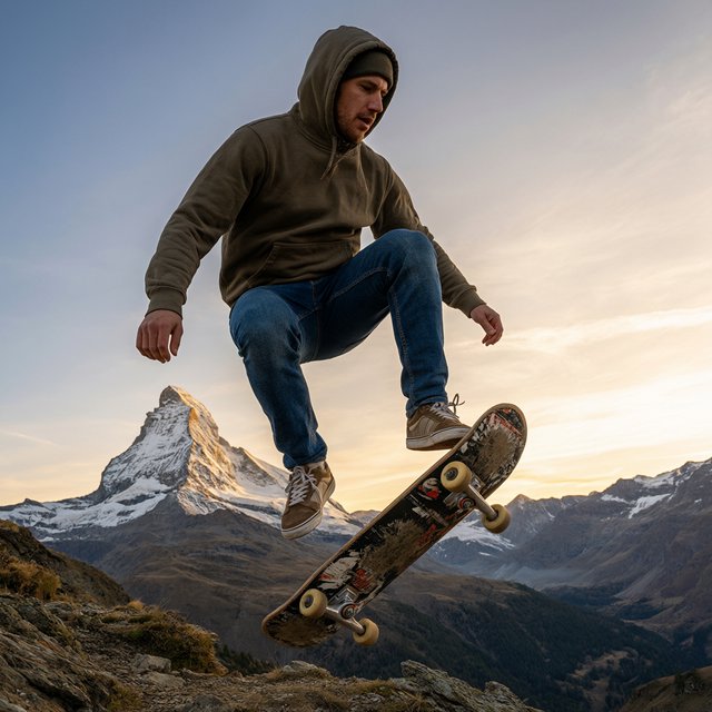 A man wearing a hoodie, jeans, and sneakers rides a skateboard that has taken off the ground. A low angle shows the man on the skateboard up in the air at high speed, with a snow-capped peak in the background beneath a setting sun in the evening sky. — Qwen Image 3.0 Pro