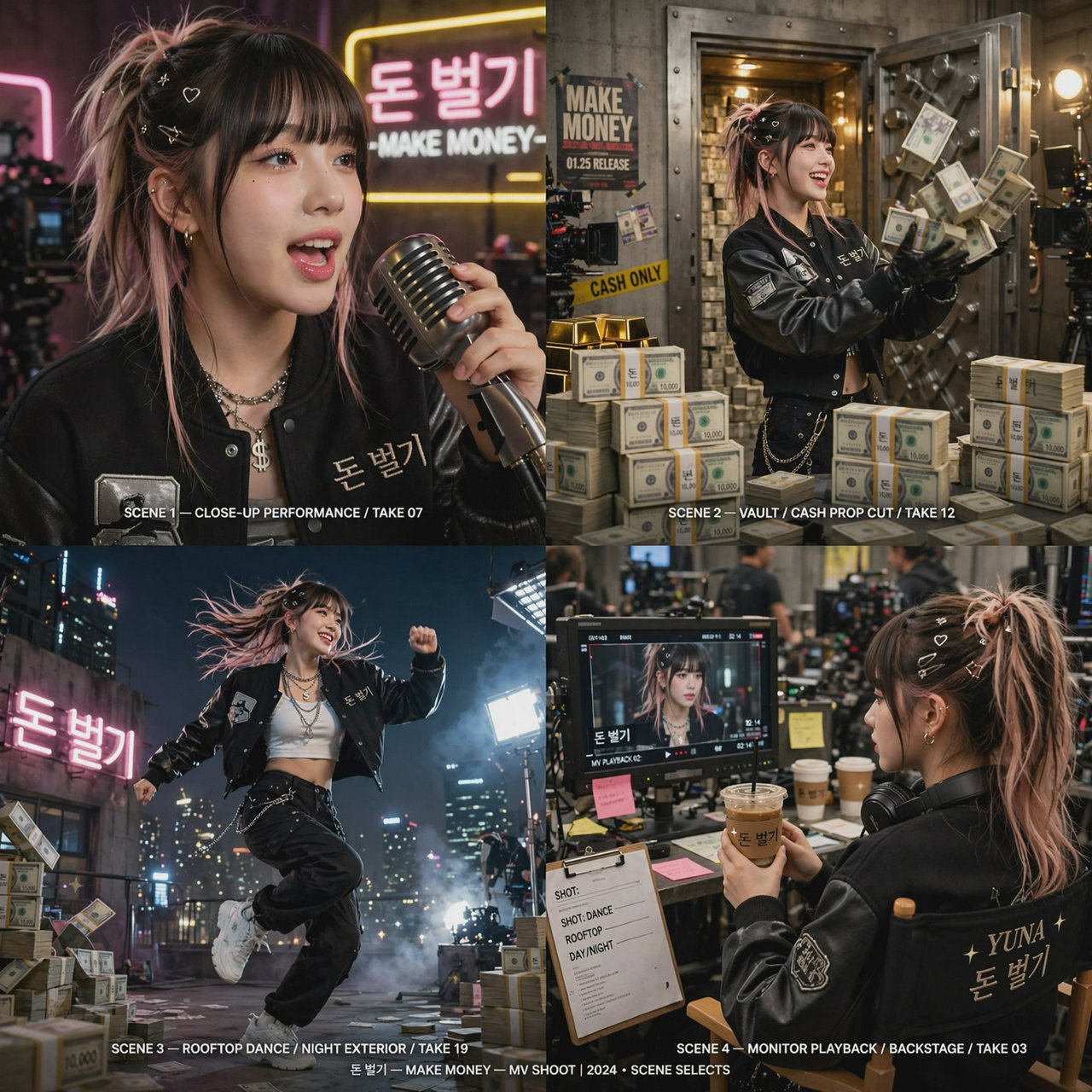A pretty K-pop idol who is 19–21 years old at a music video shoot. The music video is for her hit song "돈 벌기" (Make Money). The setting of the music video relates to the song name. At least 4 scenes and many angles. — Muse Image 1.0