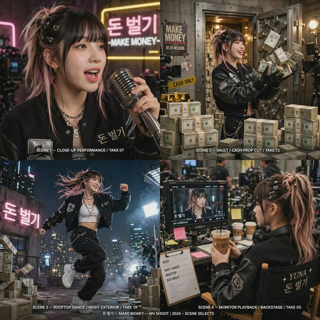 A pretty K-pop idol who is 19–21 years old at a music video shoot. The music video is for her hit song "돈 벌기" (Make Money). The setting of the music video relates to the song name. At least 4 scenes and many angles. — Muse Image 1.0