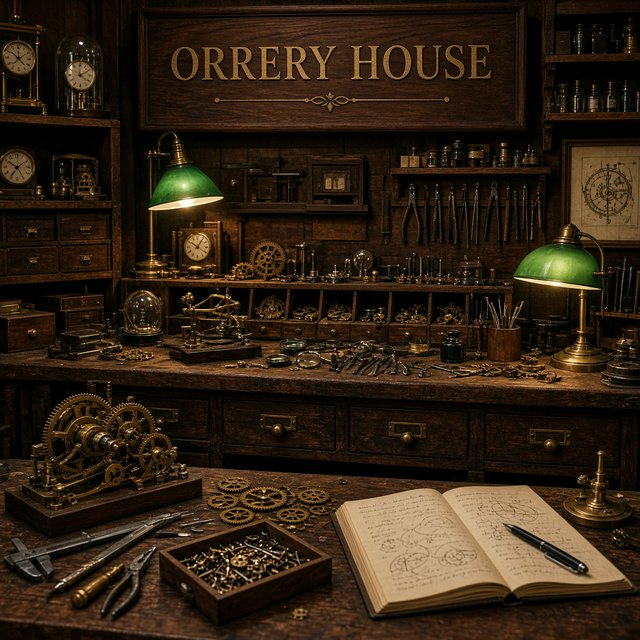 Inside a quiet clockmaker’s workshop, brass gears and tiny tools gleam beneath green-shaded lamps; "ORRERY HOUSE" is engraved in crisp serif letters on a dark walnut sign above the repair counter. — Grok Imagine Image 2