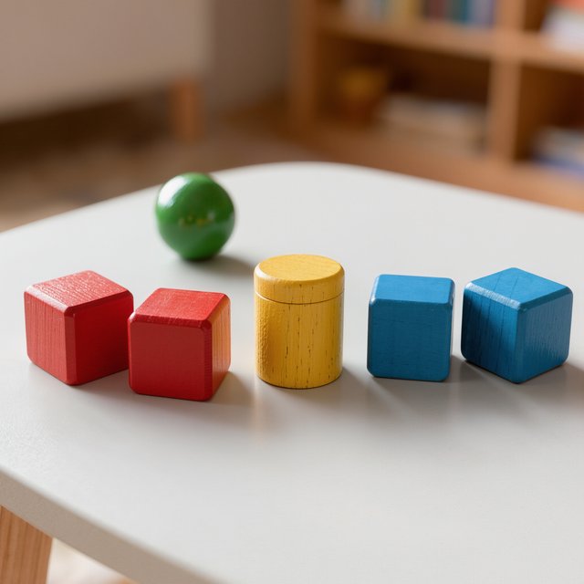 Exactly five wooden toy blocks sit on a pale gray table: two red cubes on the left, one yellow cylinder in the center, and two blue cubes on the right. A small green ball sits behind the cylinder, nothing else. — Kling v3