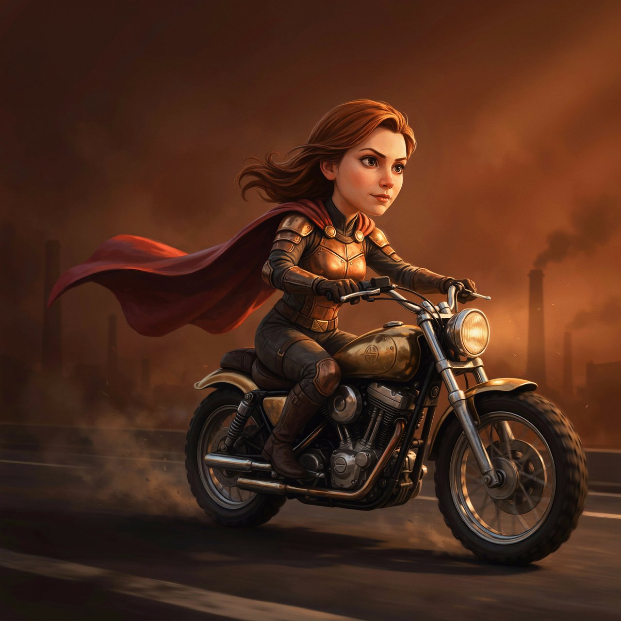 A modeled 3D character design featuring exaggerated, caricatured proportions and a striking silhouette—combined with subtle, nuanced skin shading and warm, cinematic rim lighting—creates an elegant aesthetic reminiscent of modern animated films. The result is a polished, stylized rendering characterized by rich color depth, expressive caricatured facial features, painterly texture details, and a dramatic, theatrical atmosphere typical of contemporary animation. An adult female superhero with a flowing cape on a moving motorcycle. Dieselpunk style. — Ideogram v4.5
