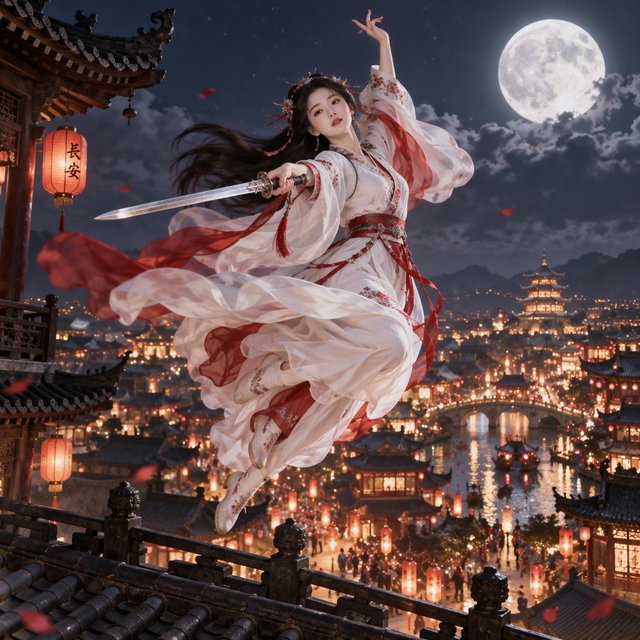 Elegant young adult Chinese female dancer performing a sword dance on a rooftop in ancient China at night, wearing flowing hanfu in primary white with secondary red accents. She leaps high in midair with her body arched backward, sword arm thrust forward, while her other arm rises gracefully above her with the hand forming delicate orchid fingers. Frontal three-quarter view, long black hair and sleeves flowing, expressive elegant pose, lantern-lit ancient city below, glowing rooftops and streets, romantic moonlit atmosphere. — GPT Image 2.5 Sunburst